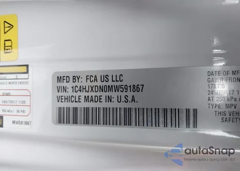 2021 Jeep Wrangler Unlimited Sport S 4X4 z USA, uszkodzony, nr VIN 1C4HJXDN0MW591867